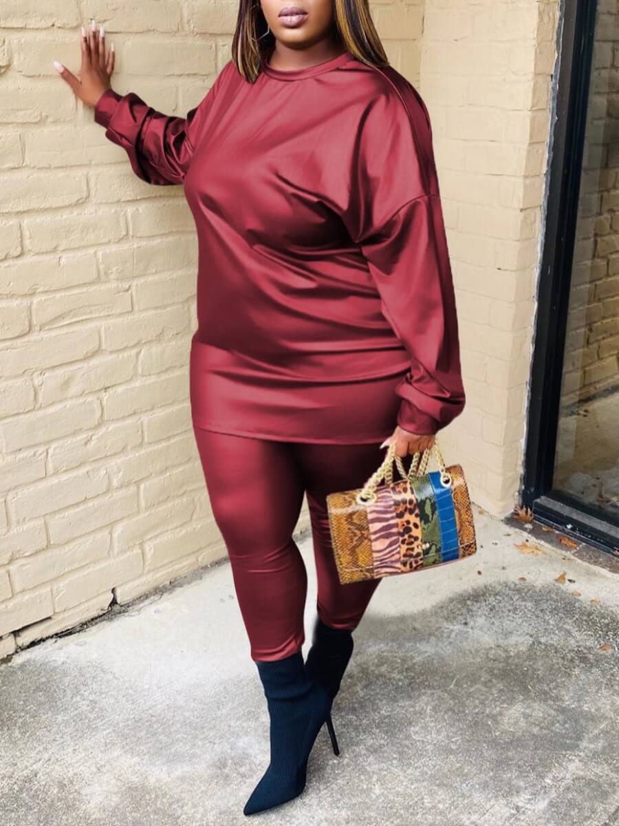

Lovely Casual O Neck Basic Wine Red Plus Size Two-piece Pants Set