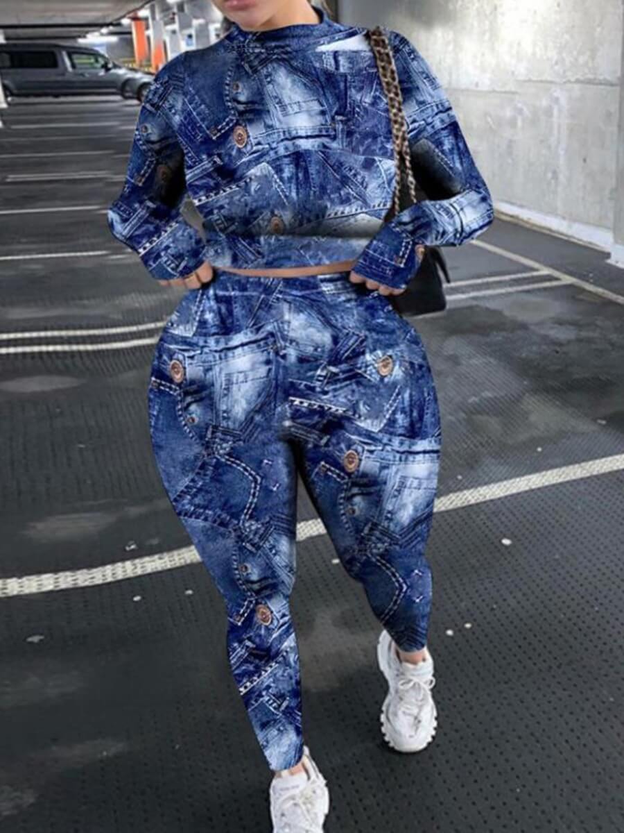 

Lovely Casual Half A Turtleneck Print Skinny Blue Plus Size Two-piece Pants Set