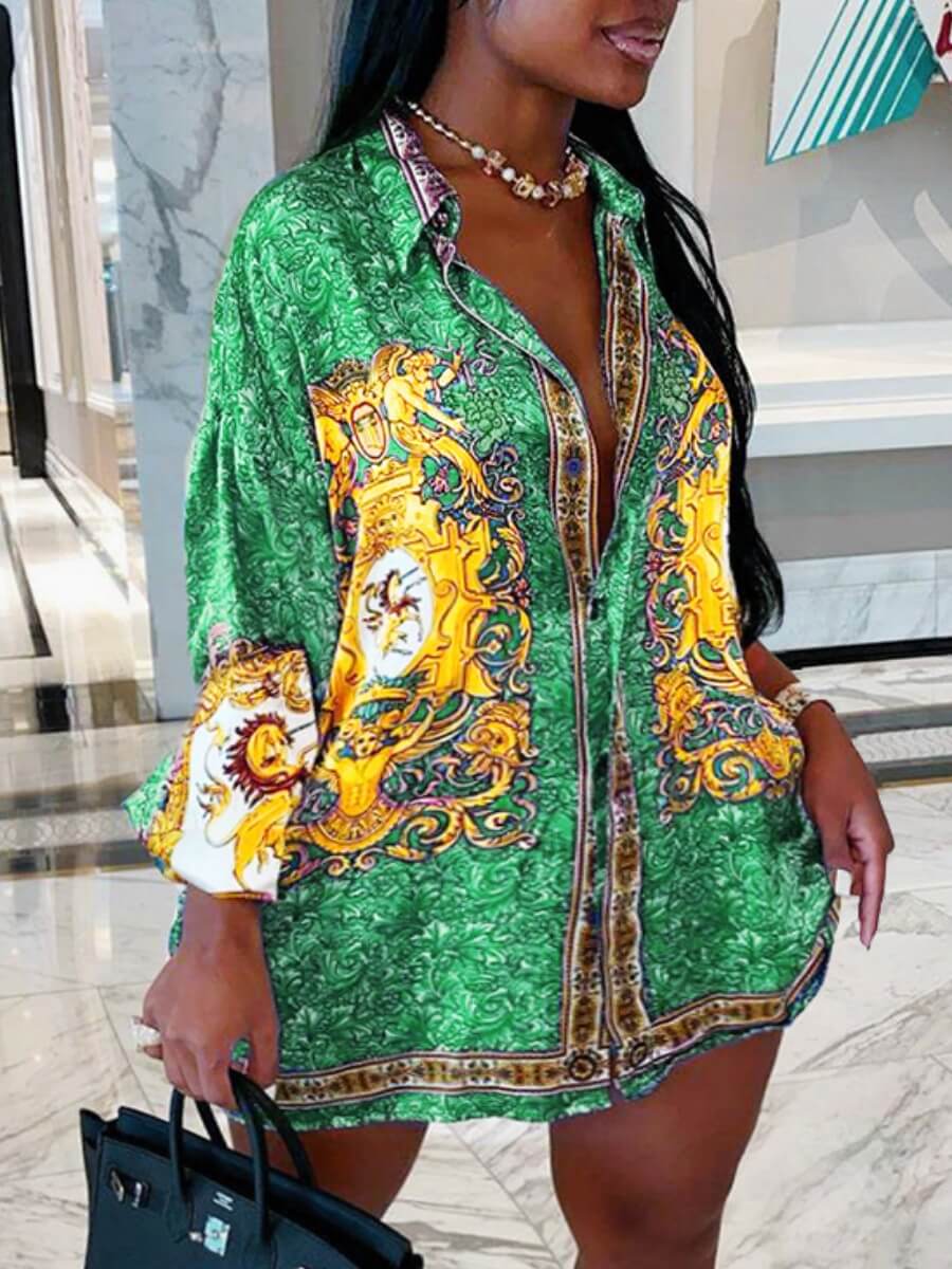 LW Plus Size Stylish Turndown Collar Print Green Mini Dress