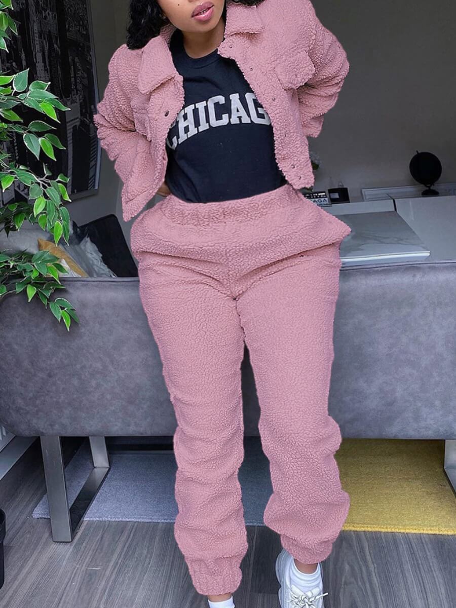 

Lovely Stylish Turndown Collar Pocket Patched Pink Plus Size Two-piece Pants Set
