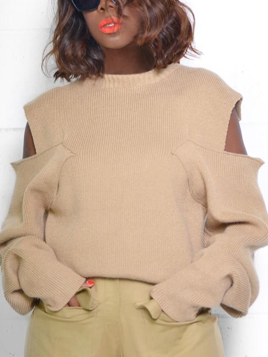 

Lovely Stylish O Neck Hollow-out Khaki Sweater