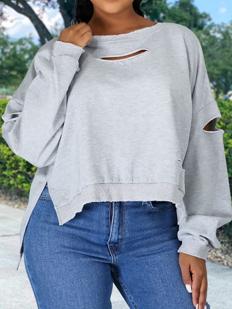 

Lovely Casual O Neck Broken Holes Loose Grey Hoodie