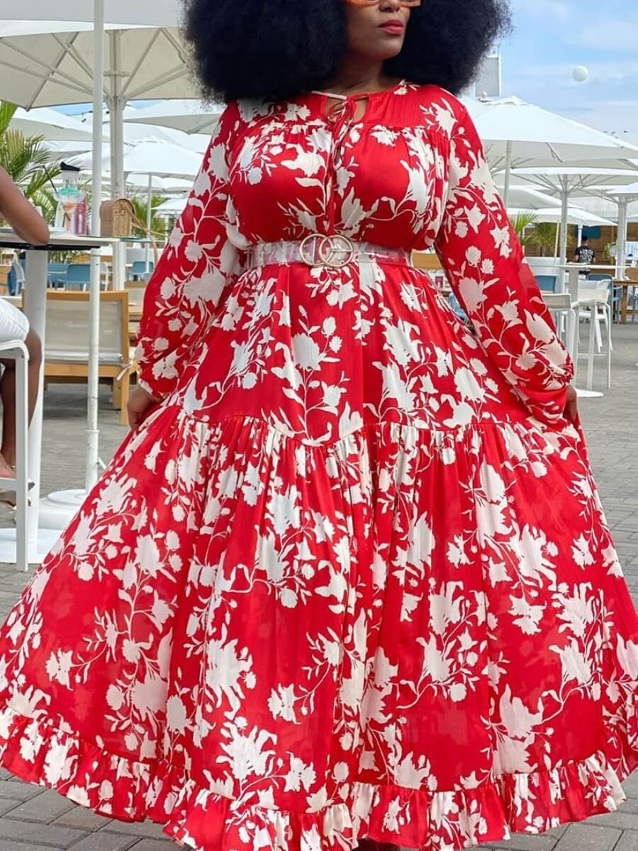

Lovely Bohemian Plants Print Loose Red Maxi Plus Size Dress
