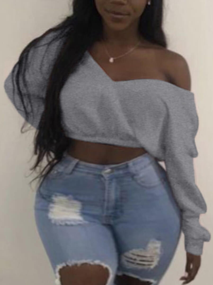 

LW Plus Size Leisure V Neck Basic Grey Short Hoodie