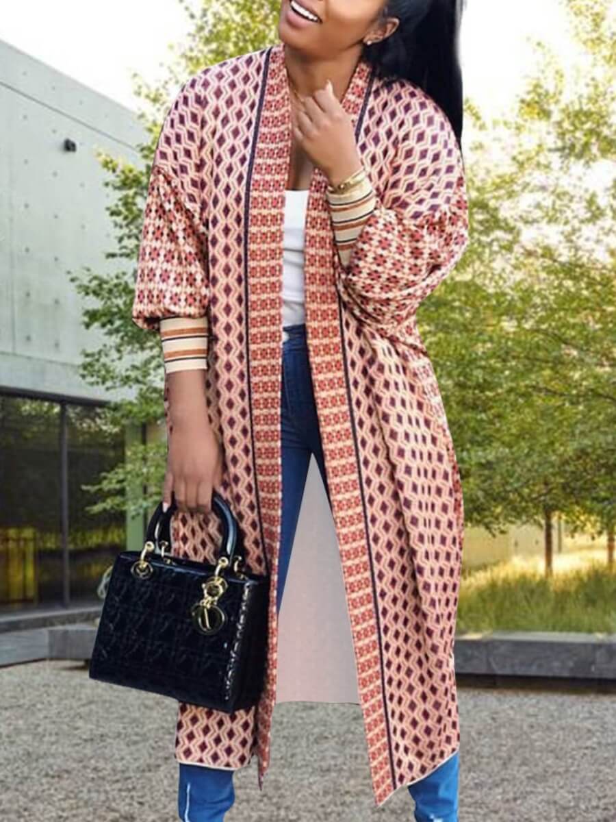 

Lovely Casual Print Loose Pink Long Coat