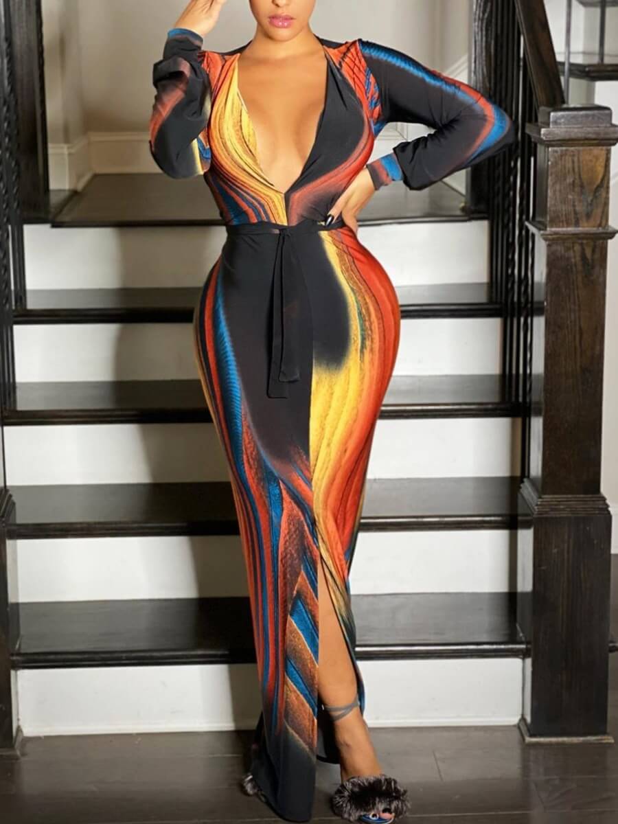 

Lovely Trendy Deep V Neck Print Front Slit Black Ankle Length Dress
