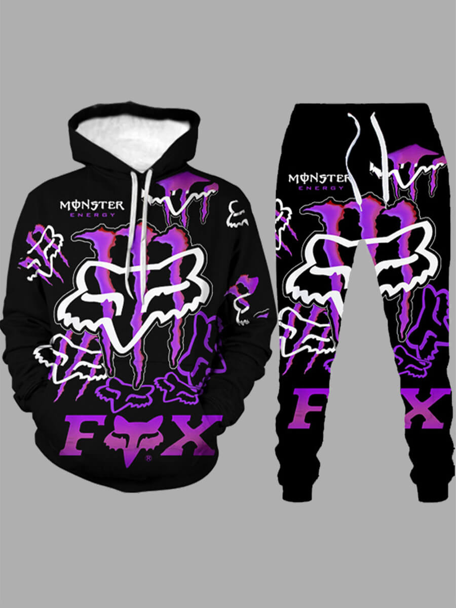 

Lovely Sportswear Hooded Collar Print Loose Black Men Two-piece Pants Set