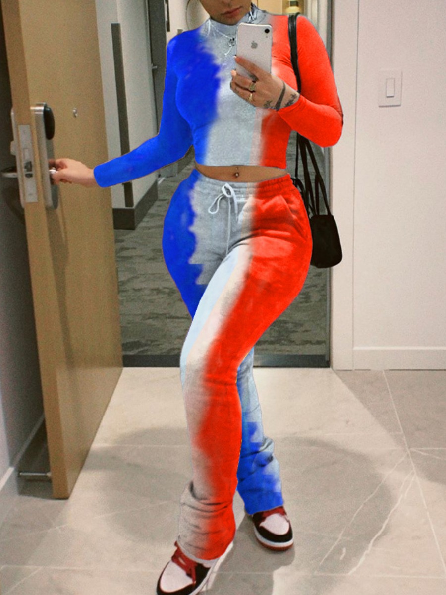 

LW Trendy Turtleneck Tie Dye Skinny Blue Two Piece Pants Set