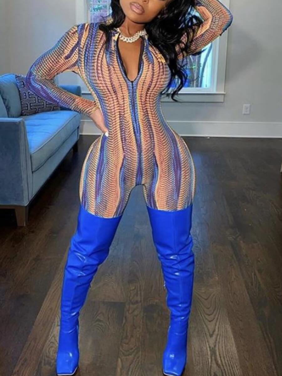

Lovely Trendy Print Zipper Design Skinny Blue One-piece Jumpsuit