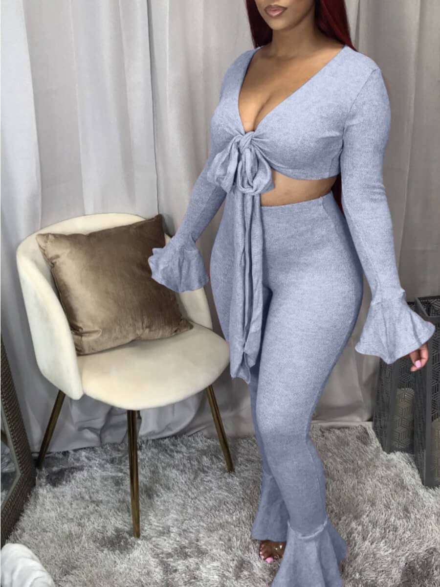 

Lovely Trendy Bandage Design Grey Two Piece Pants Set