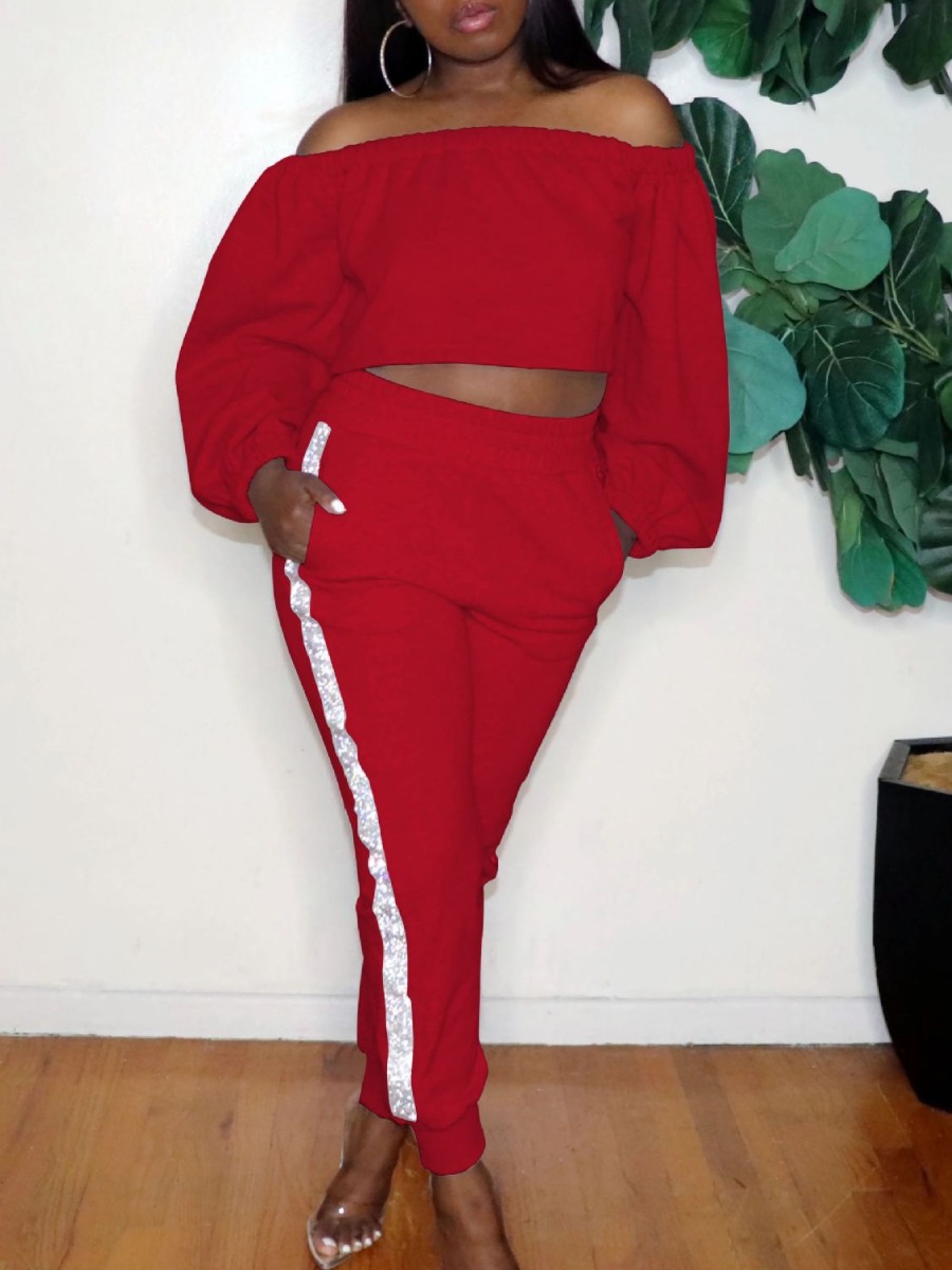

Lovely Sportswear Dew Shoulder Patchwork Red Two Piece Pants Set