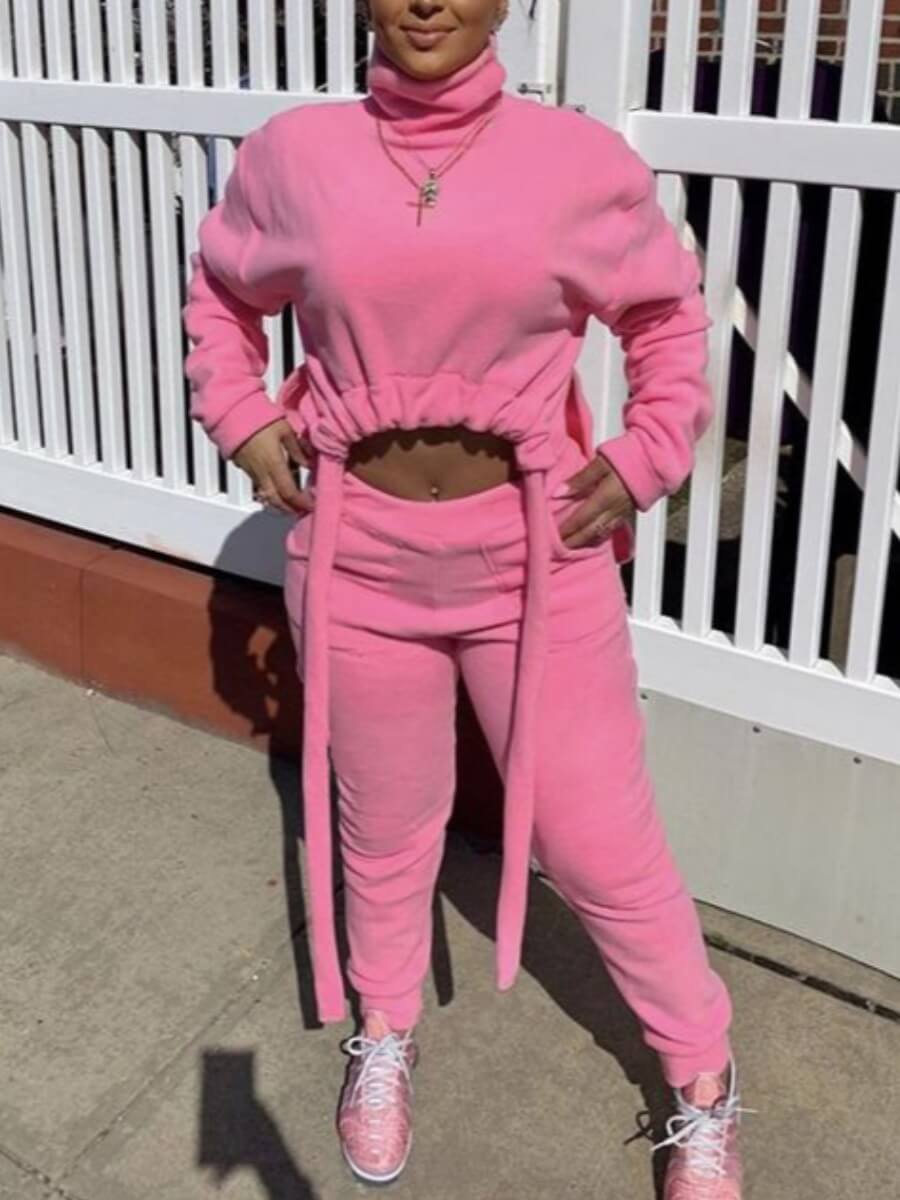 

Lovely Casual Turtleneck Drawstring Pink Two Piece Pants Set
