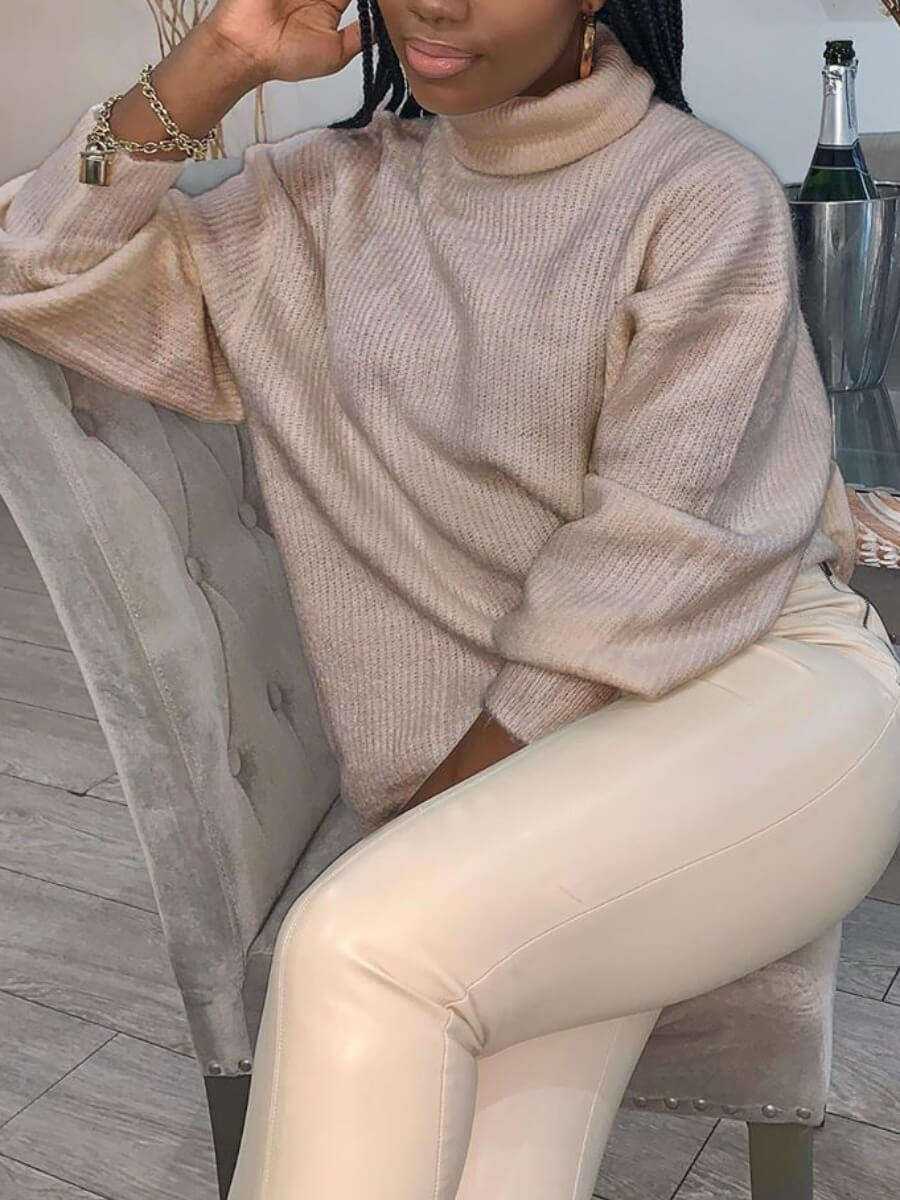 

Lovely Trendy Turtleneck Loose Khaki Sweater