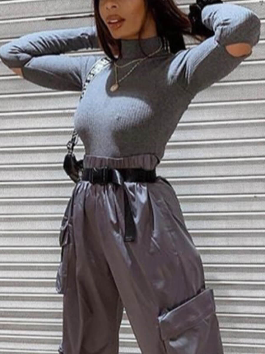 

Lovely Trendy Turtleneck Basic Skinny Grey Bodysuit