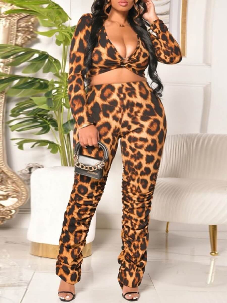 

Lovely Trendy Deep V Neck Leopard Print Plus Size Two-piece Pants Set