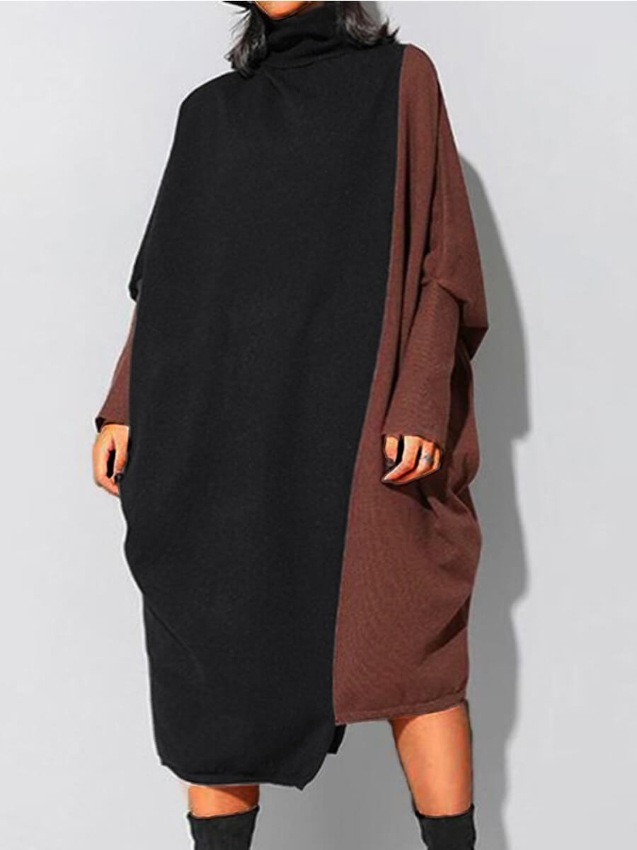 

Lovely Plus Size Leisure Turtleneck Patchwork Loose Black Knee Length Dress