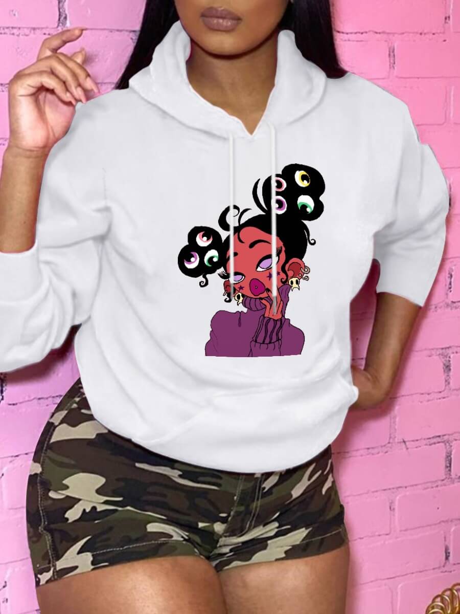 

Lovely Casual Hooded Collar Print White Hoodie