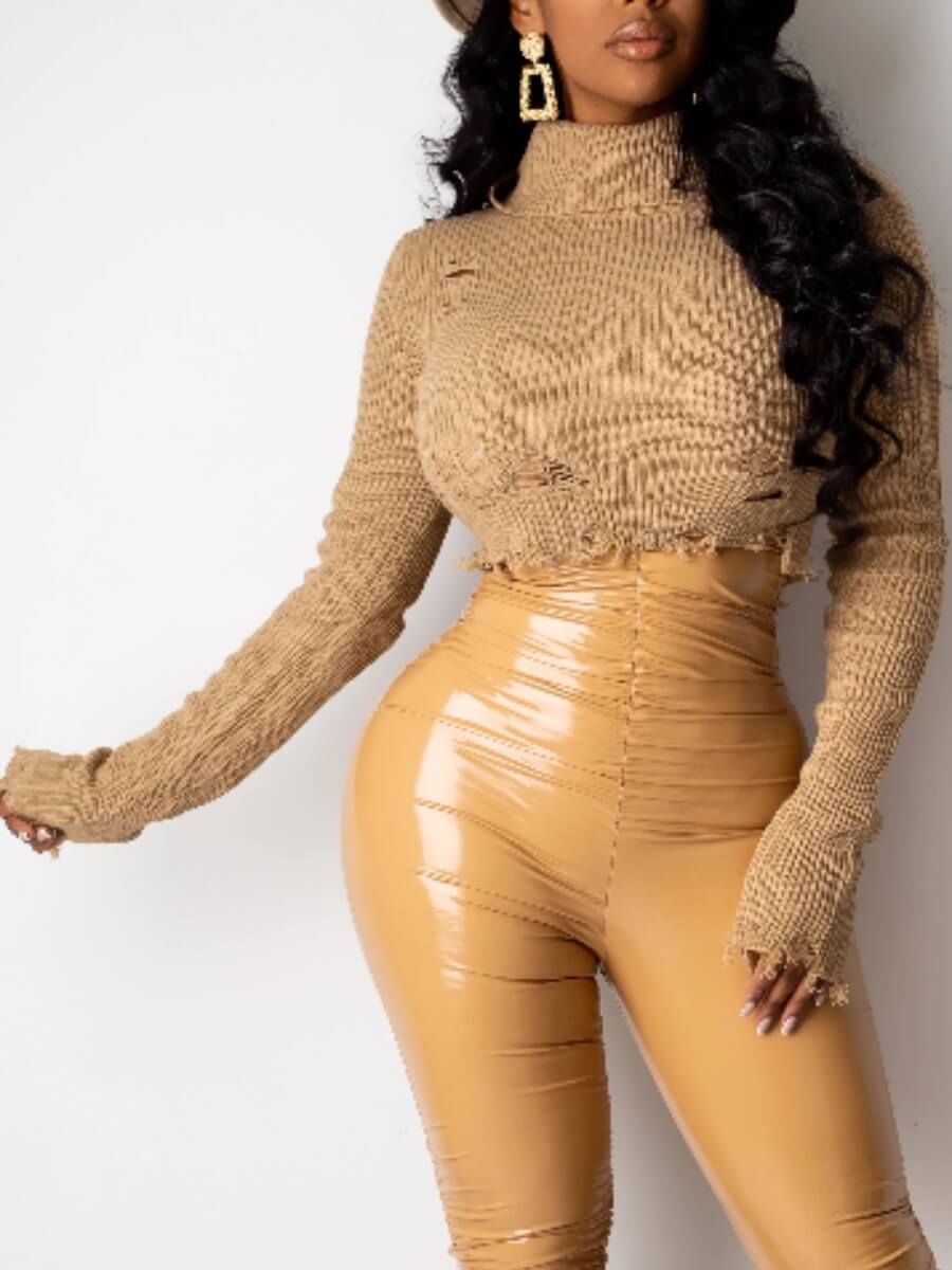 

Lovely Trendy Turtleneck Broken Holes Khaki Sweater