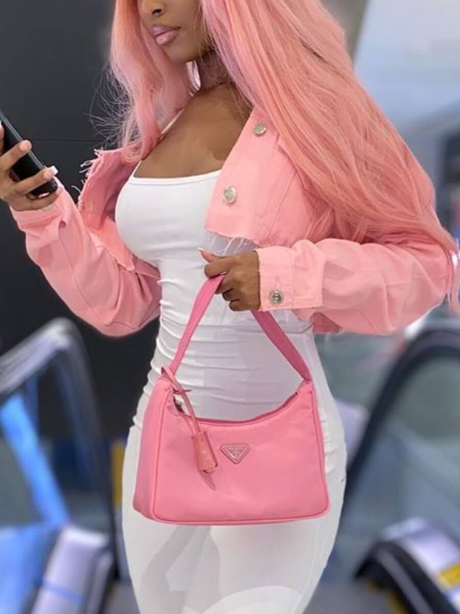 

Lovely Street Turndown Collar Buttons Design Pink Short Denim Jacket