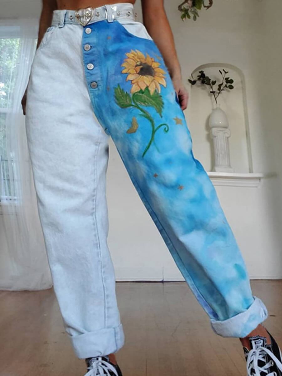 

Lovely Casual Print Patchwork Loose Baby Blue Jeans
