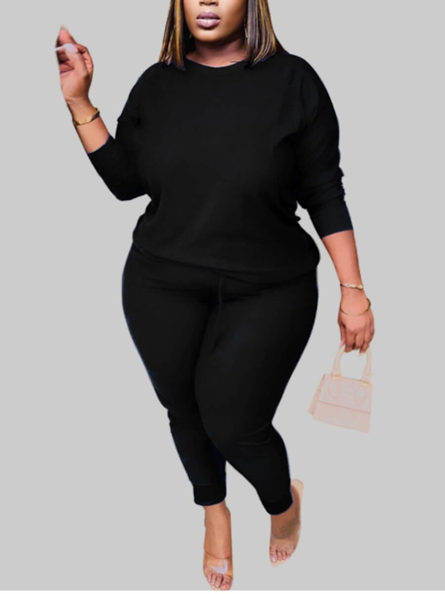 

Lovely Plus Size Casual O Neck Basic Black Two-piece Pants Set