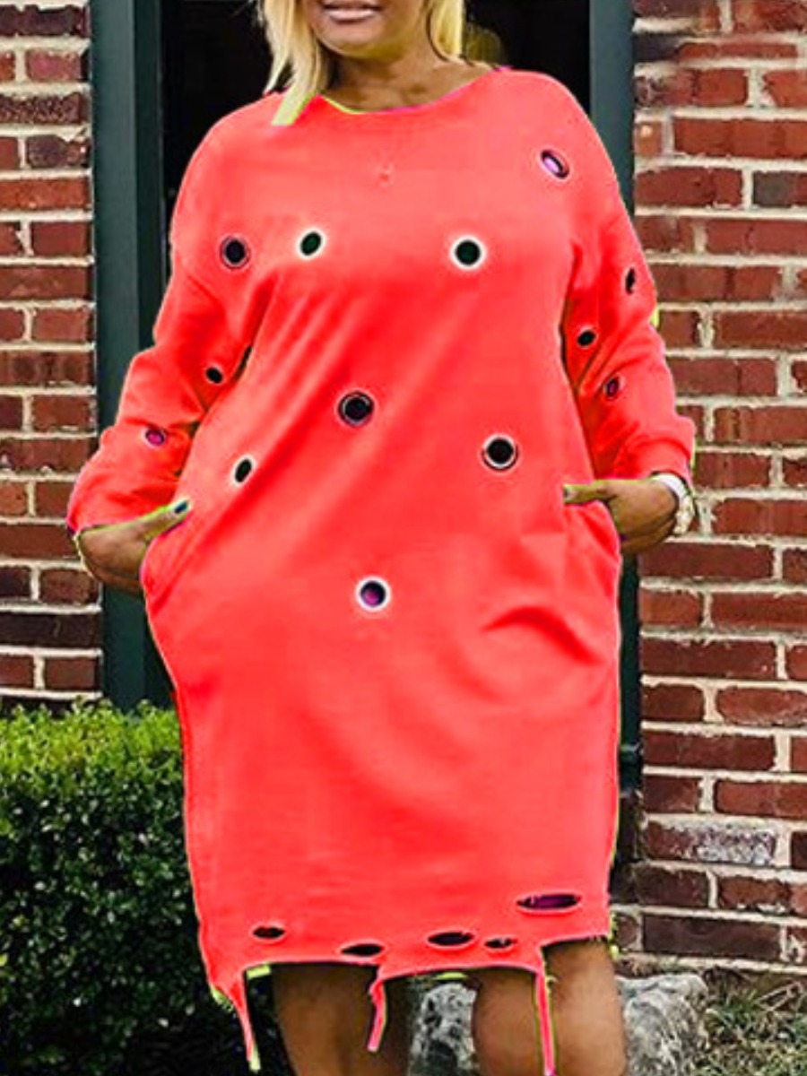 

Lovely Casual O Neck Hollow-out Red Knee Length Plus Size Dress