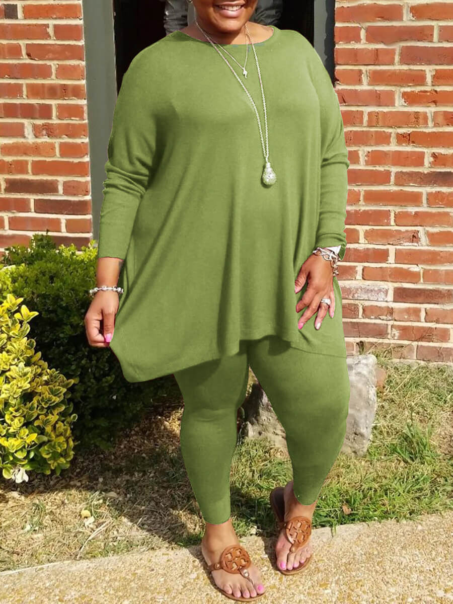 

Lovely Casual O Neck Asymmetrical Green Plus Size Two-piece Pants Set