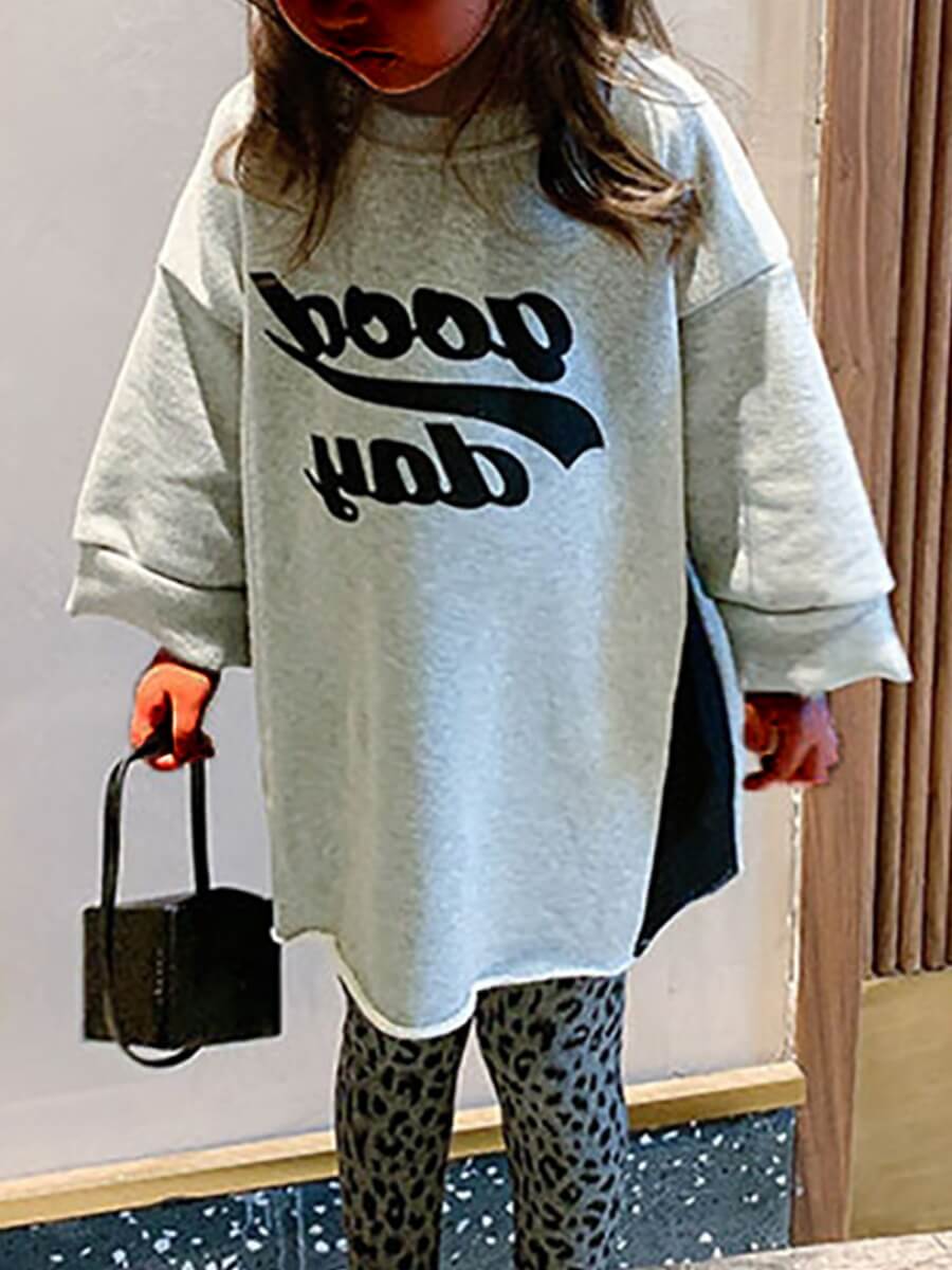 

Lovely Leisure O Neck Letter Print Grey Girl Knee Length Dress