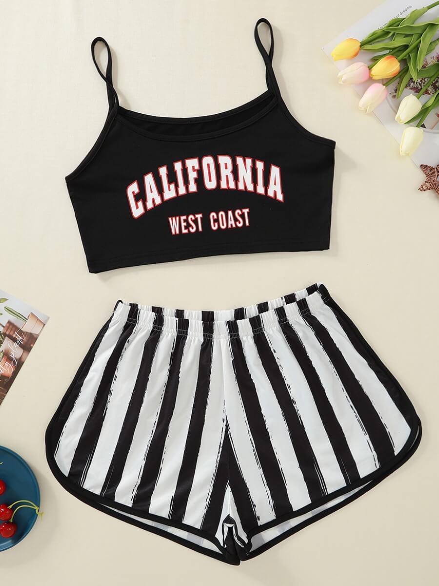 

Lovely Casual Spaghetti Strap Letter Print Black Sleepwear