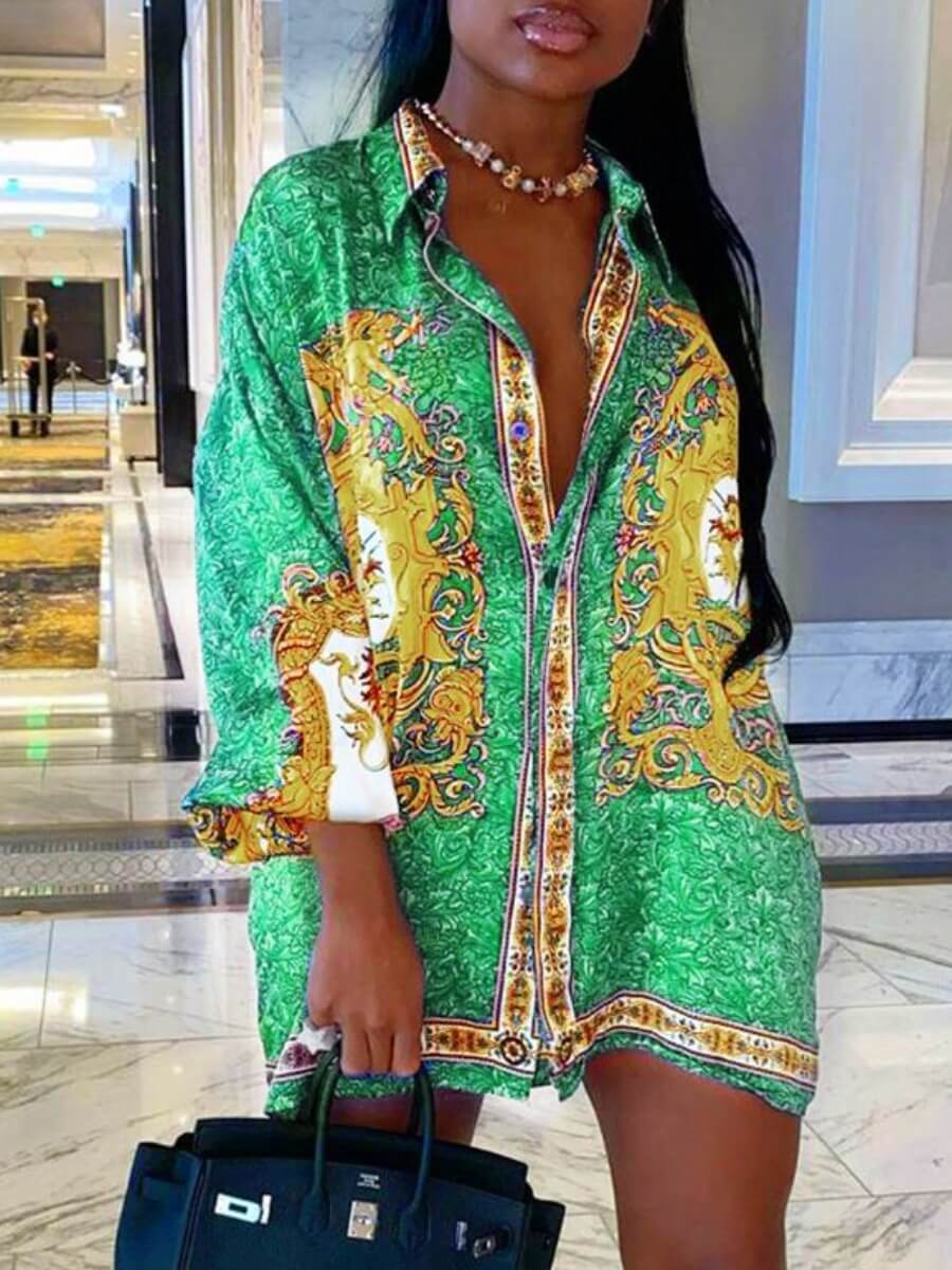 LW Casual Turndown Collar Print Patchwork Green Mini Dress