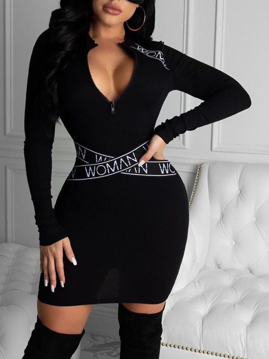 

Lovely Trendy Print Zipper Design Skinny Black Mini Dress