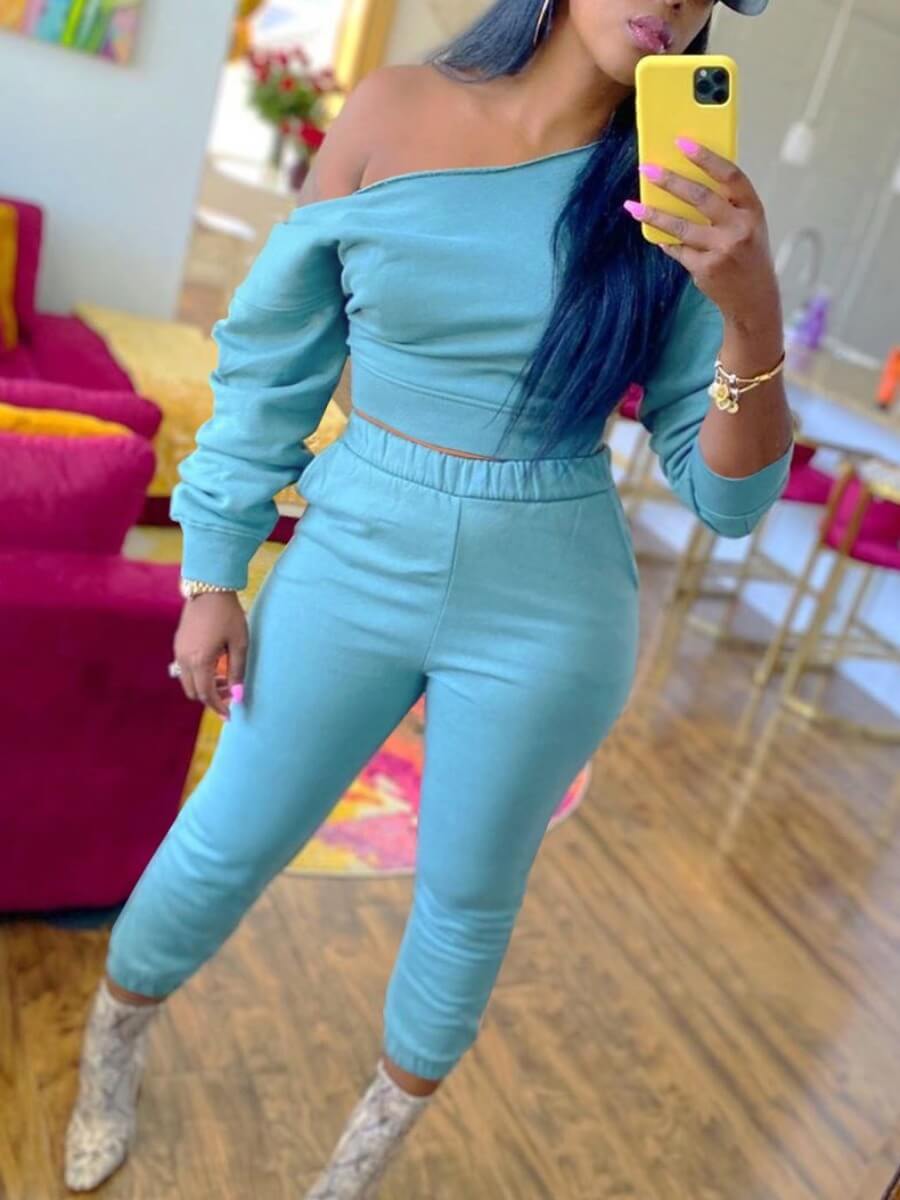 

Lovely Sportswear Skinny Baby Blue Two Piece Pants Set