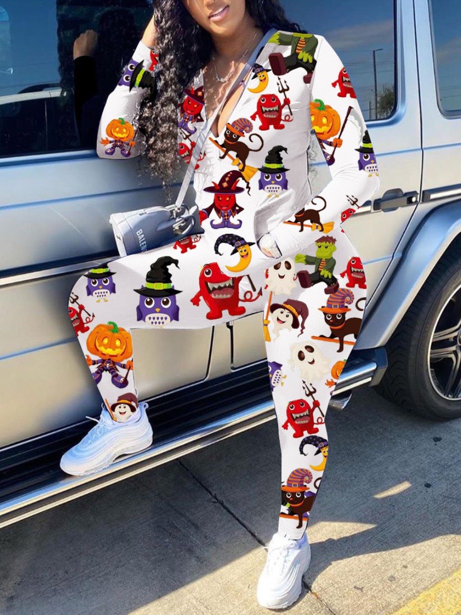 

Lovely Stylish Cartoon Print Skinny White Two Piece Pants Set