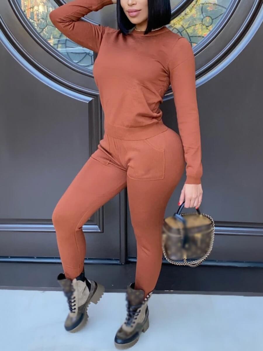 

Lovely Sportswear O Neck Basic Skinny Light Tan Two Piece Pants Set