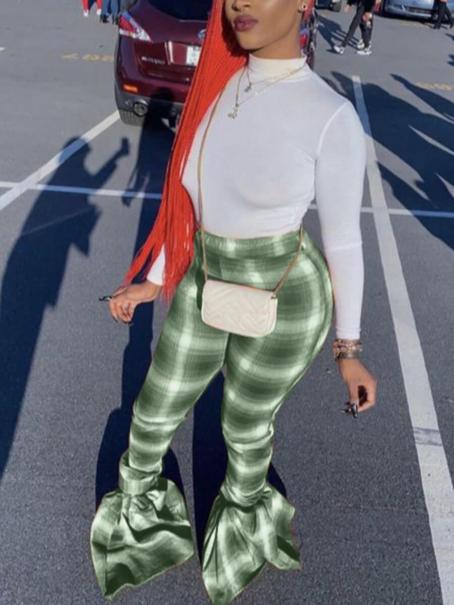 

Lovely Trendy Turtleneck Grid Print Green Two Piece Pants Set