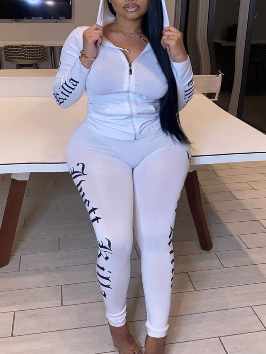 

Lovely Casual Hooded Collar Letter Print White Two Piece Pants Set