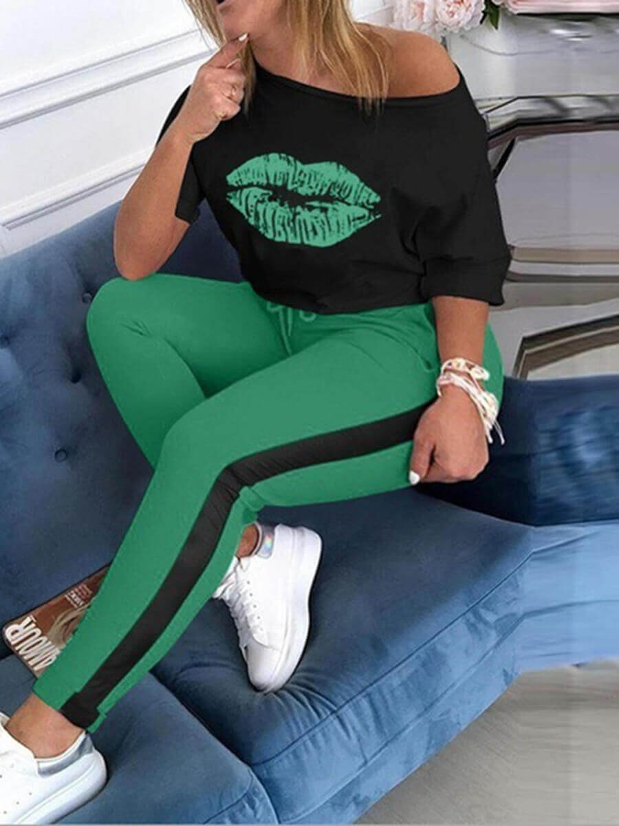 LW Plus Size Lip Print Striped Pants Set