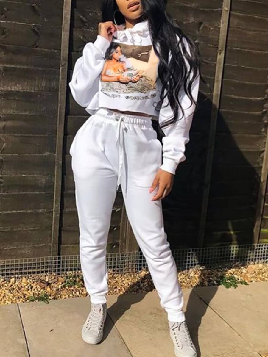 

Lovely Casual Hooded Collar Print White Two Piece Pants Set