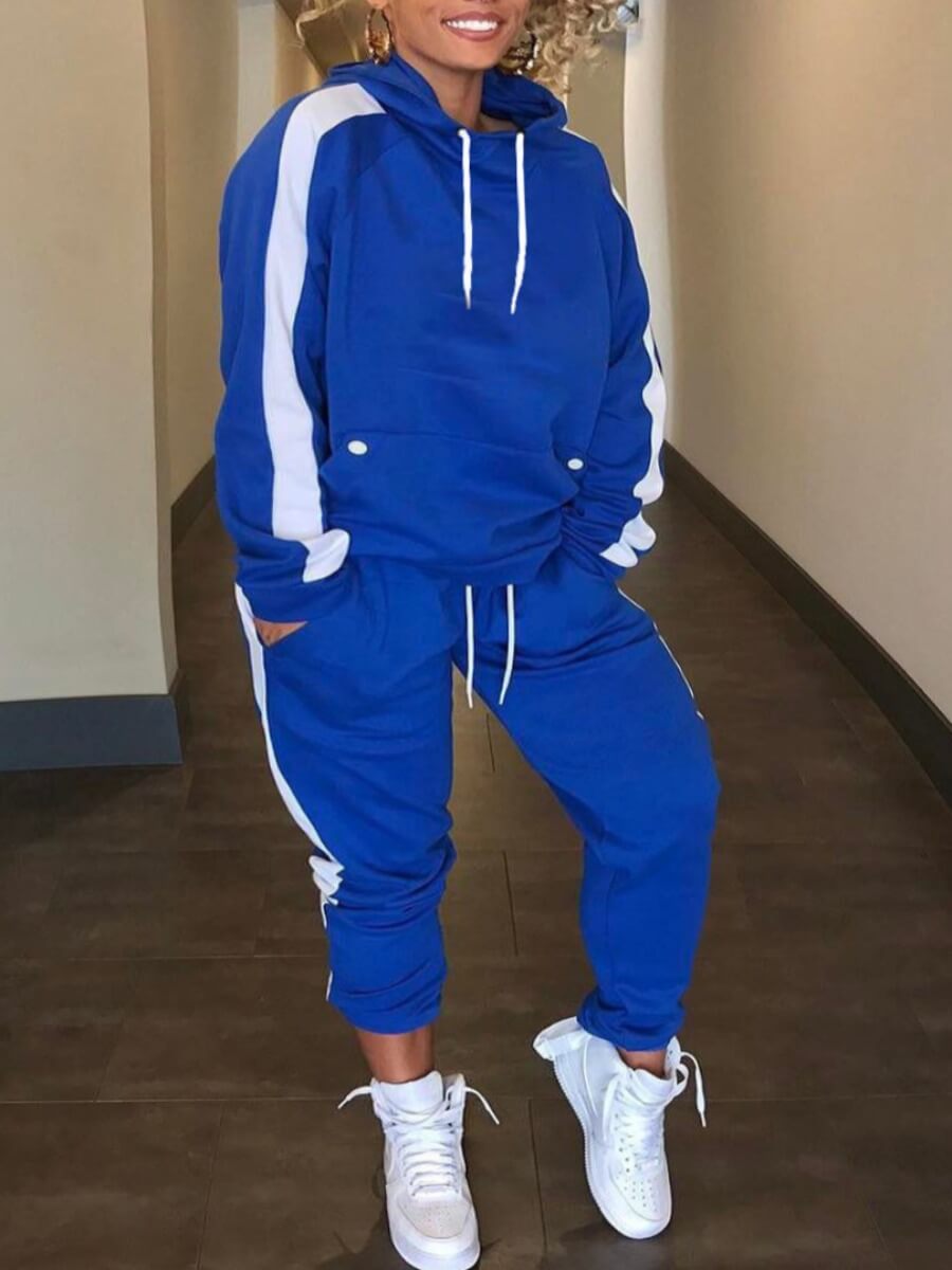 

Lovely Sportswear Hooded Collar Patchwork Blue Two Piece Pants Set