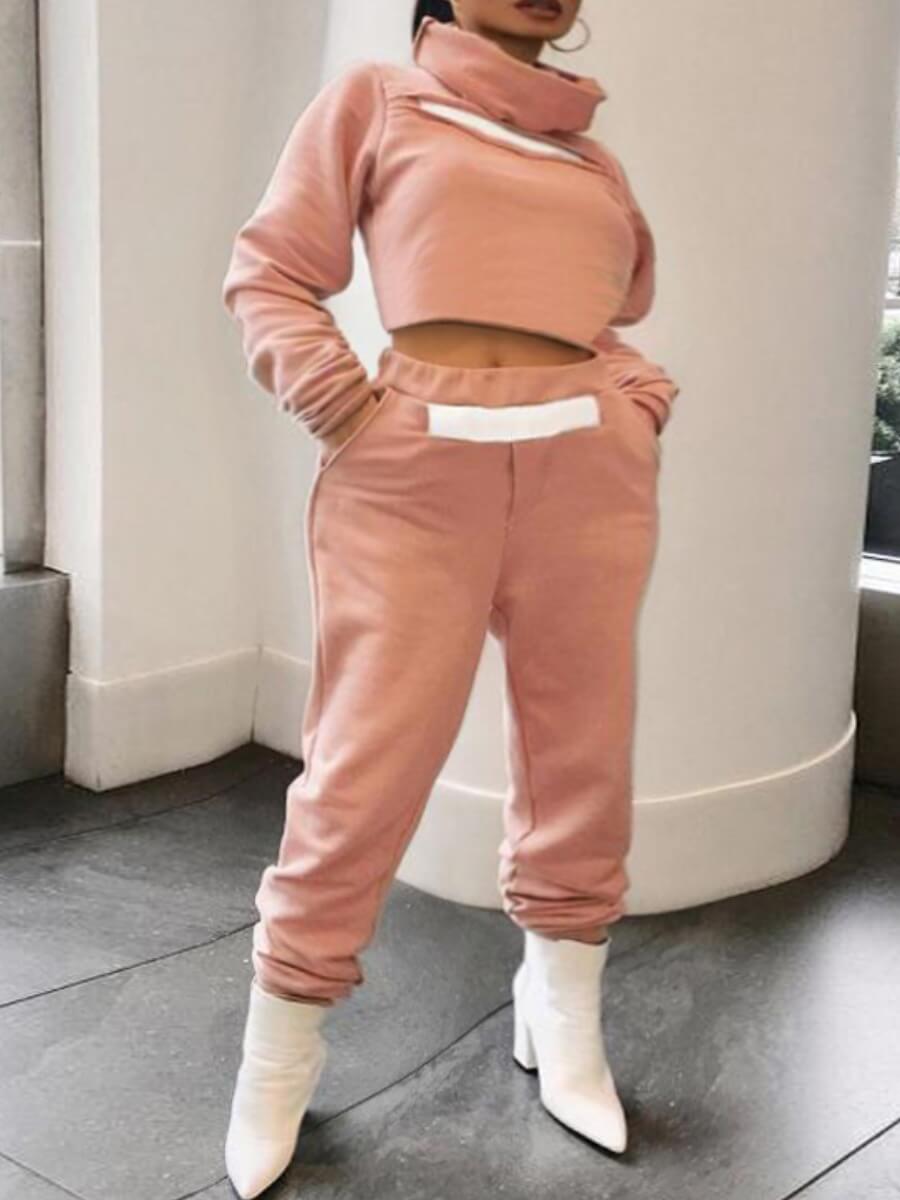 

Lovely Sportswear Turtleneck Patchwork Pink Two Piece Pants Set