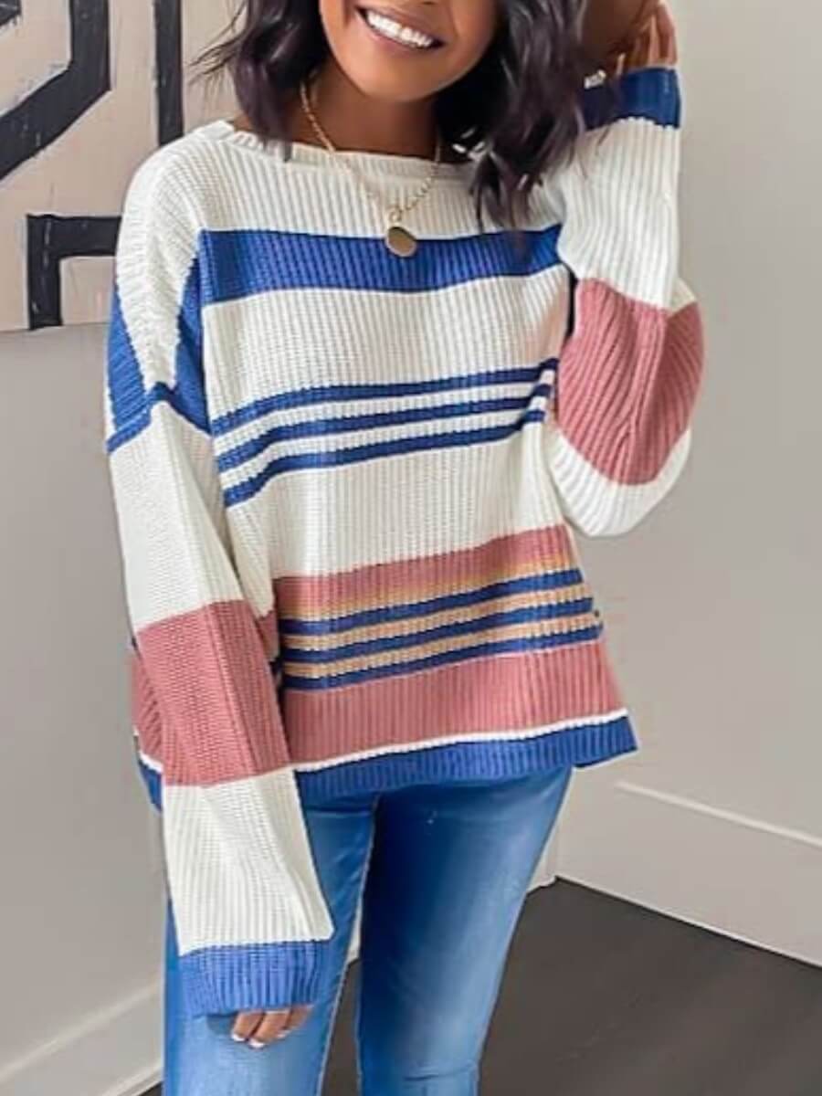 

Lovely Leisure O Neck Striped Blue Sweater