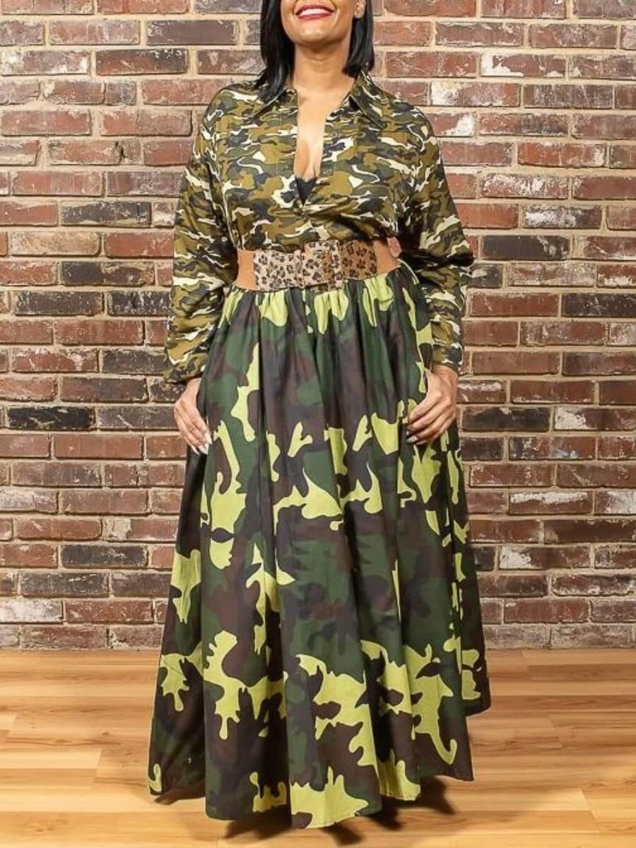 

Lovely Stylish Turndown Collar Camo Print Patchwork Army Green Maxi Dress