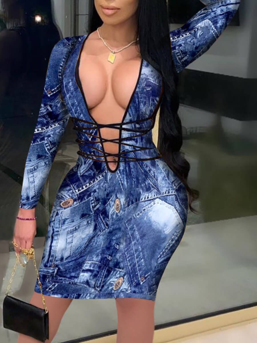 

LW Deep V Neck Bandage Design Dress, Blue