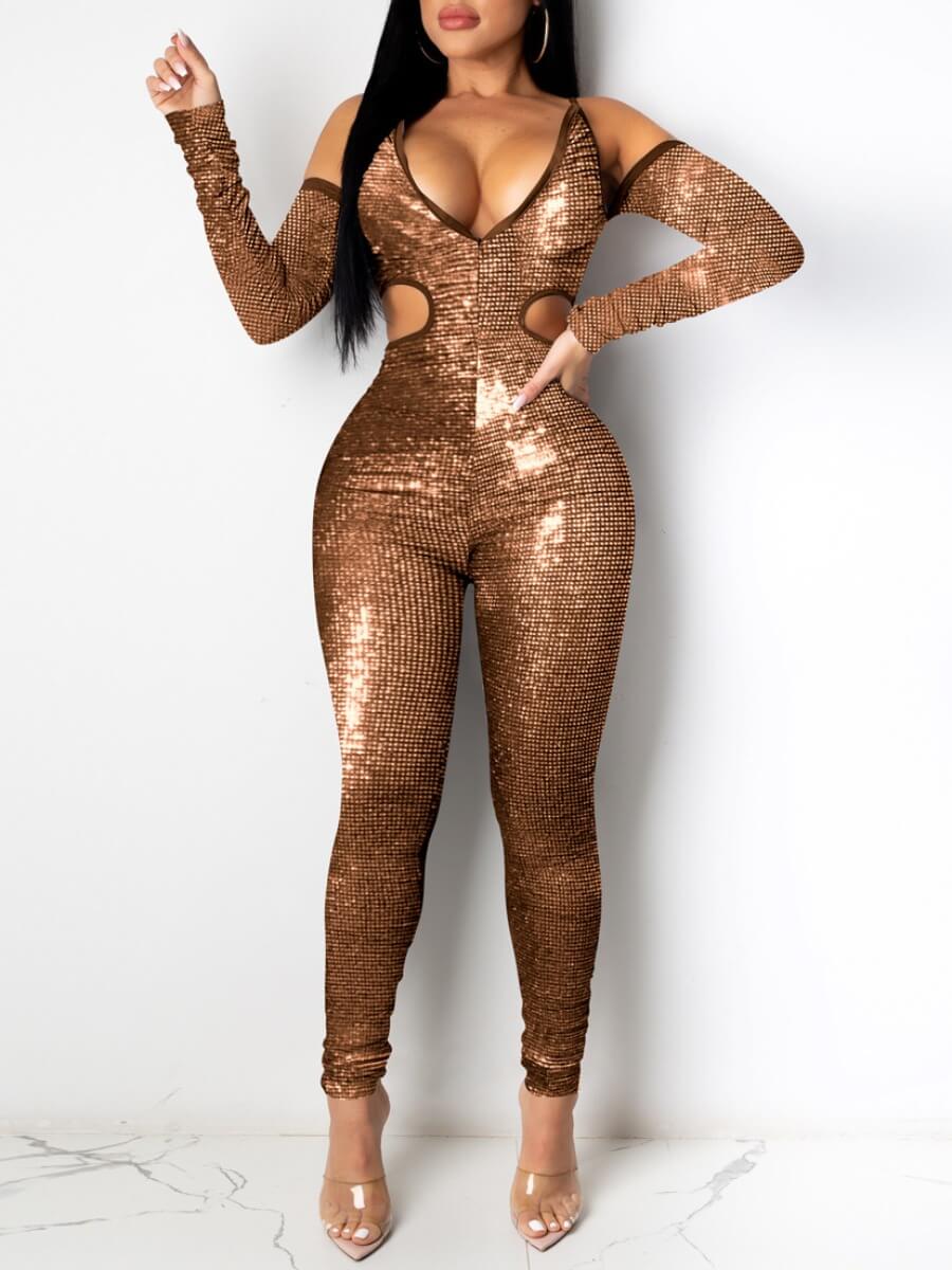 

Lovely Sexy Sequined Hollow-out Coffee One-piece Jumpsuit