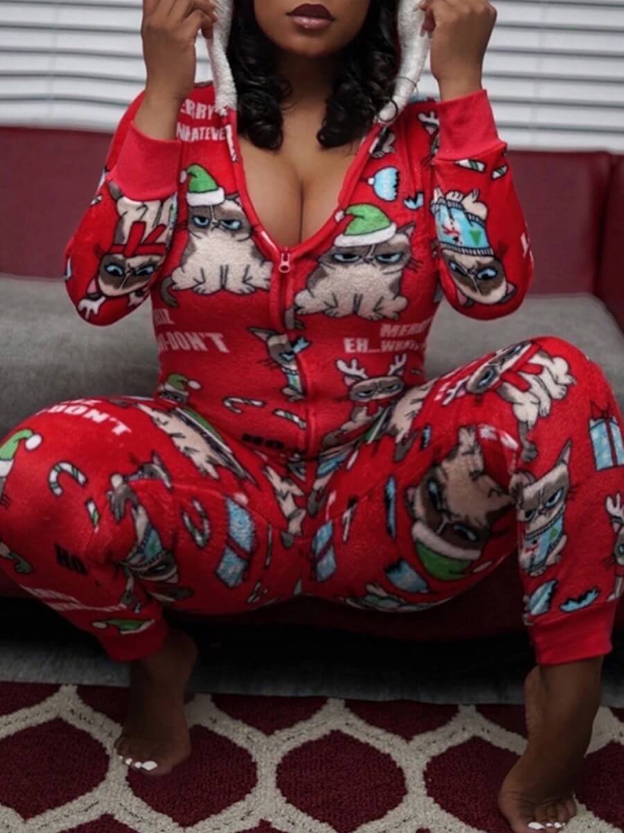 

Lovely Casual V Neck Print Skinny Red Plus Size One-piece Jumpsuit