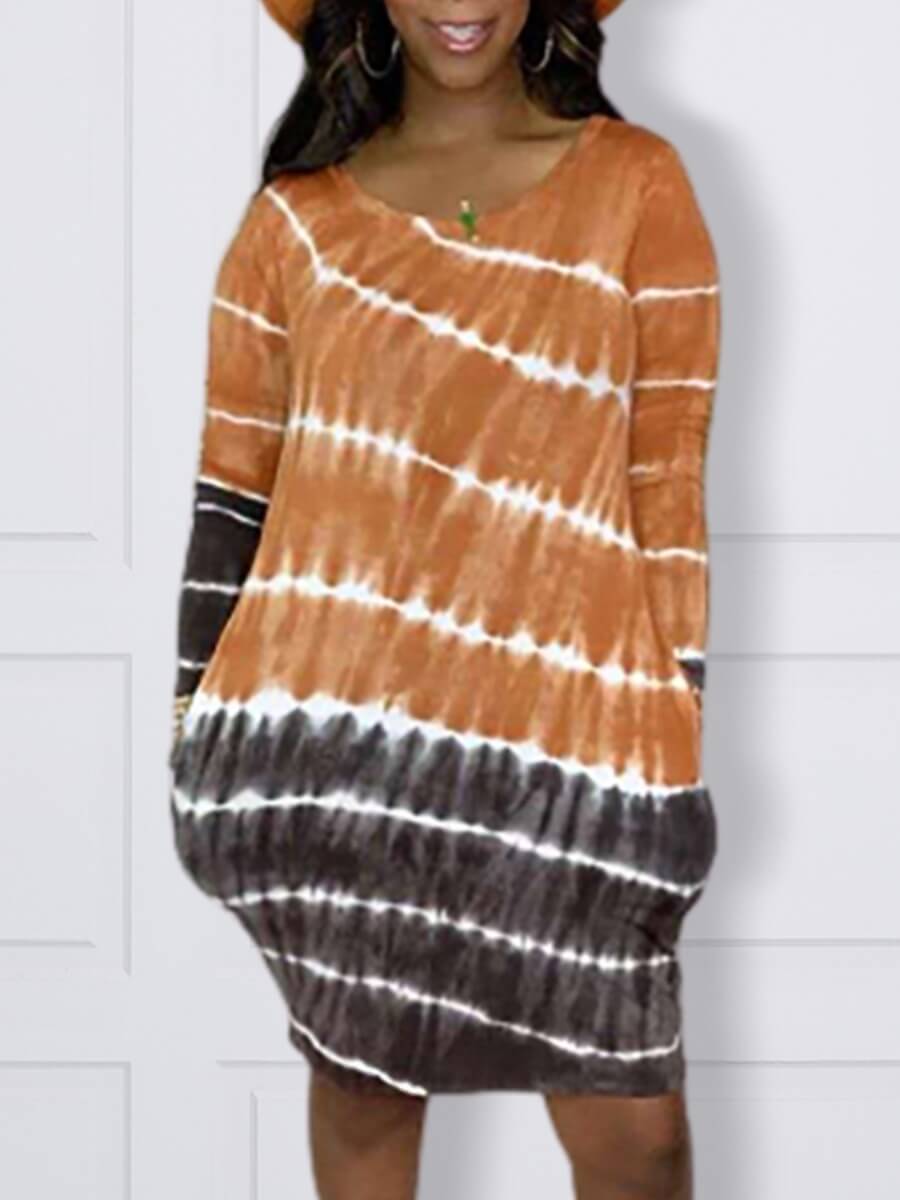 

Lovely Casual U Neck Tie-dye Orange Knee Length Dress