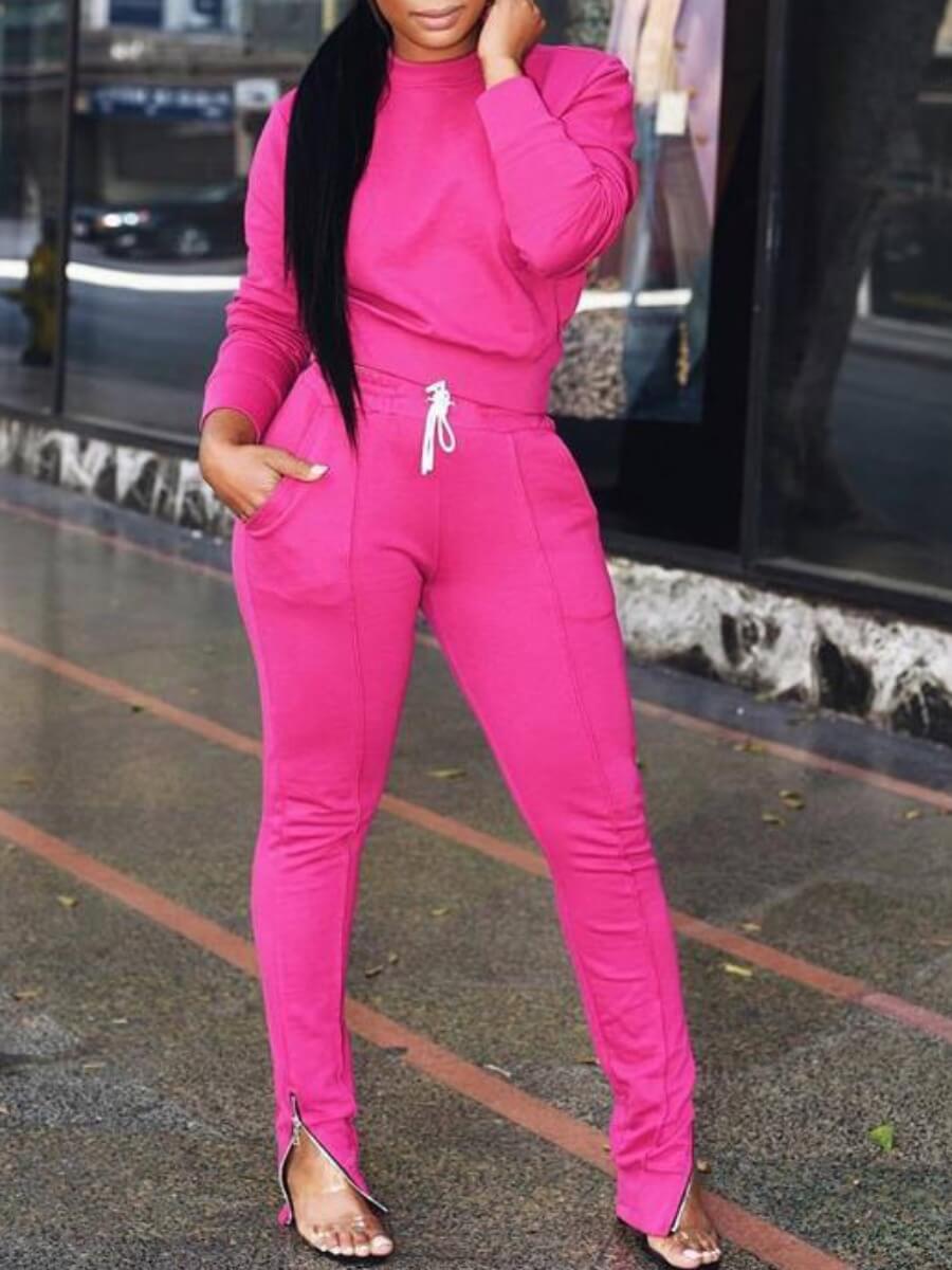 

Lovely Sportswear O Neck Fold Design Skinny Rose Red Plus Size Two-piece Pants Set