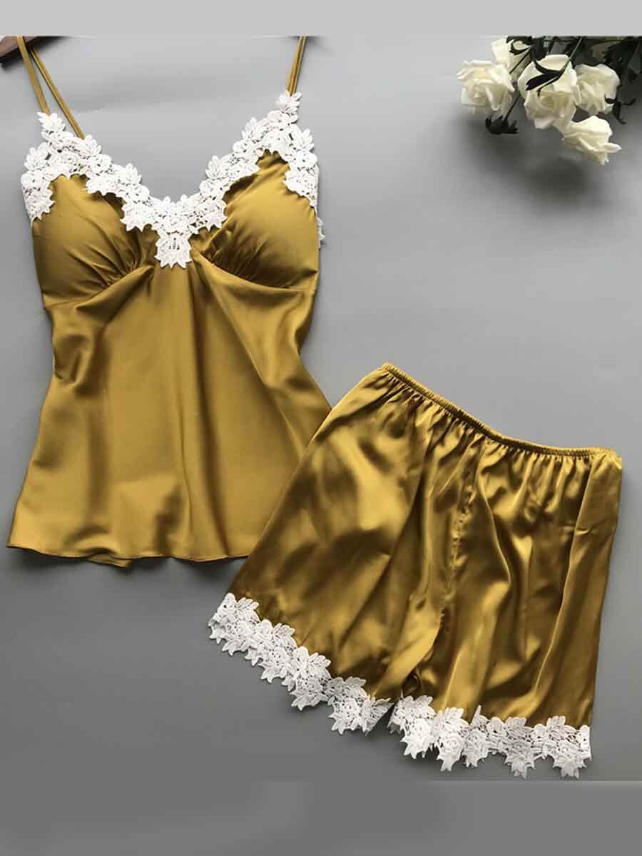 

Lovely Sexy Spaghetti Strap Lace Hem Yellow Sleepwear