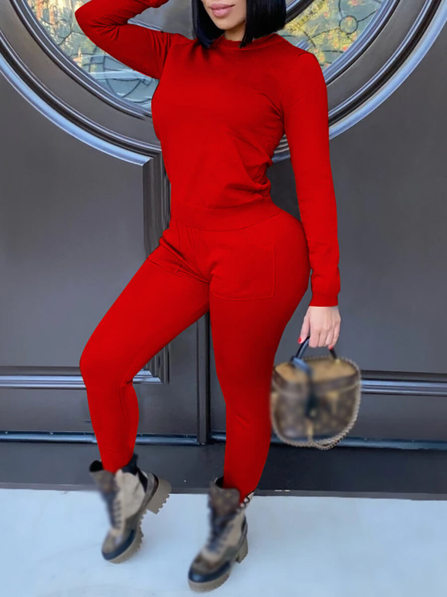 

Lovely Sportswear O Neck Basic Skinny Purplish Red Two Piece Pants Set