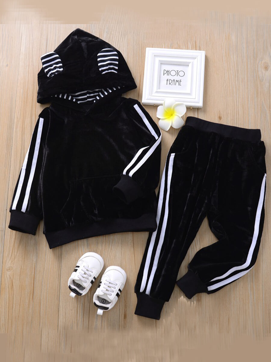 

Lovely Sportswear Hooded Collar Patchwork Black Girl Two-piece Pants Set